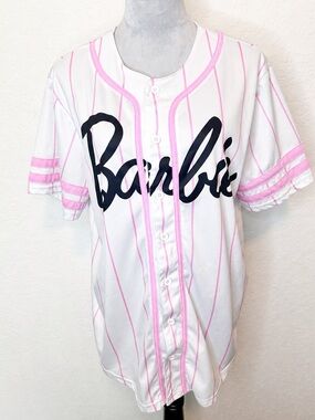 Barbie Pink Pinstripe Baseball Jersey Button Front Graphic Top Size M